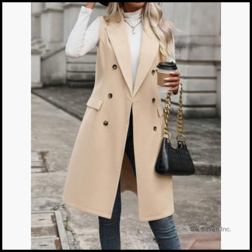 Long Wool Blend Vest Sleeveless Blazer Jacket Trench Coat Outerwear - Picture 2 of 6